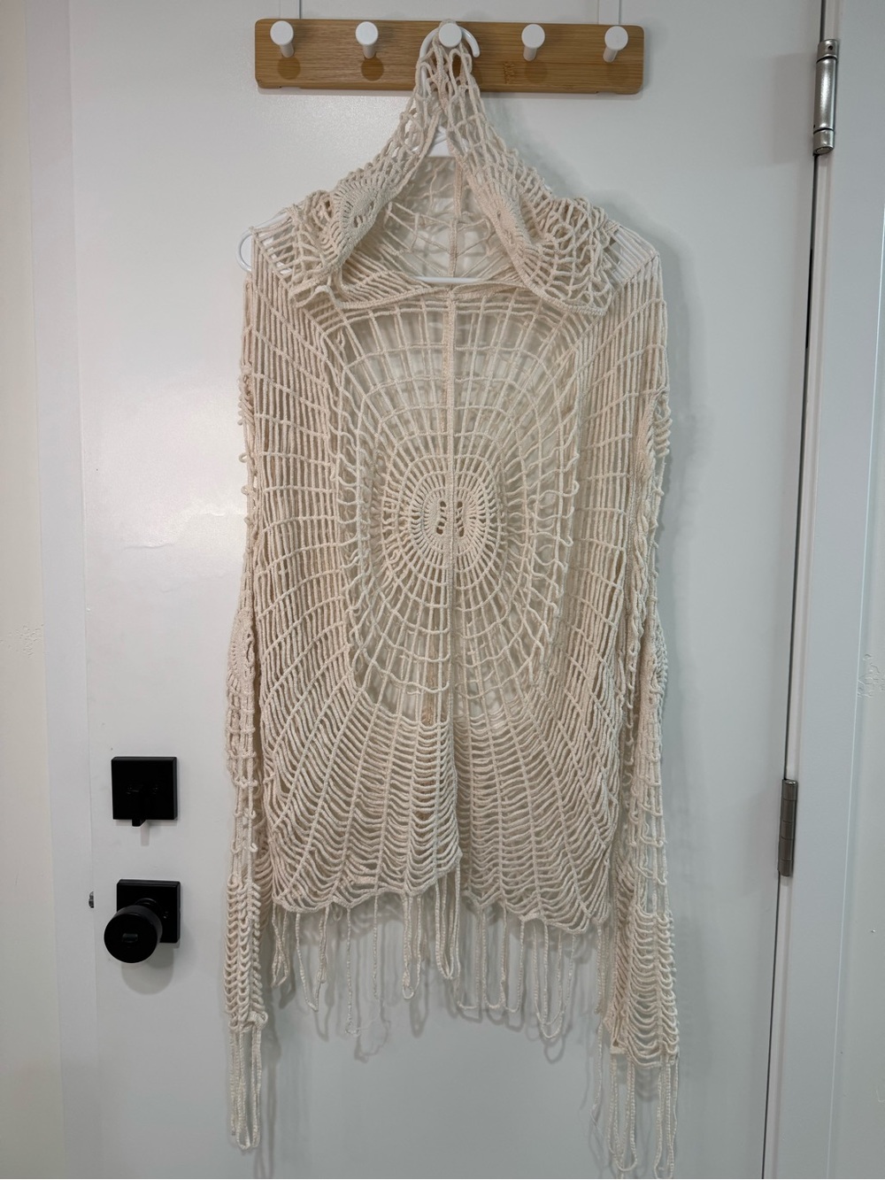 Beige Spider Web Hollow Out Crochet Knit Hooded Pullover Top with Fringe